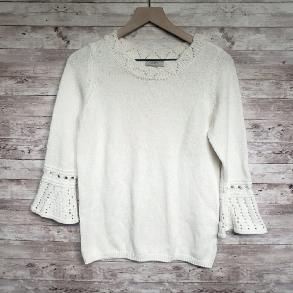 ANN TAYLOR LOFT ivory sweater, bell sleeved, crochet detail, small